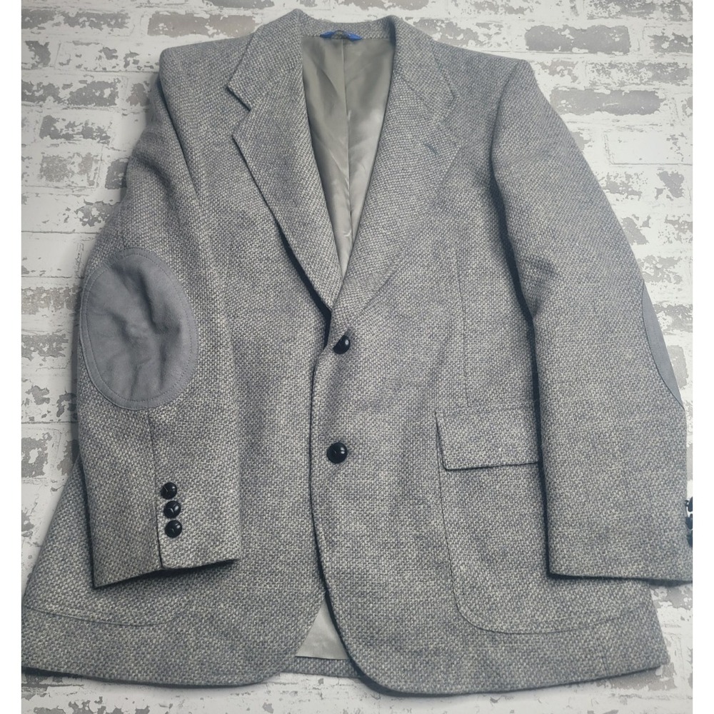 Pendleton‎ Blazer Jacket Mens Size 42 Gray Tweed Sport Coat Wool Leather Elbow